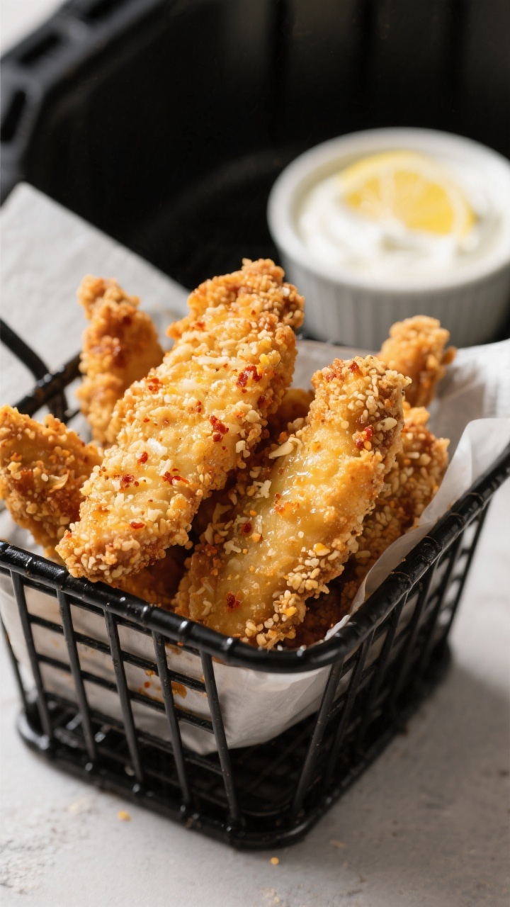 Close-up detail: Golden, air-fried crispy chicken strips just out of the basket, glistening with a l