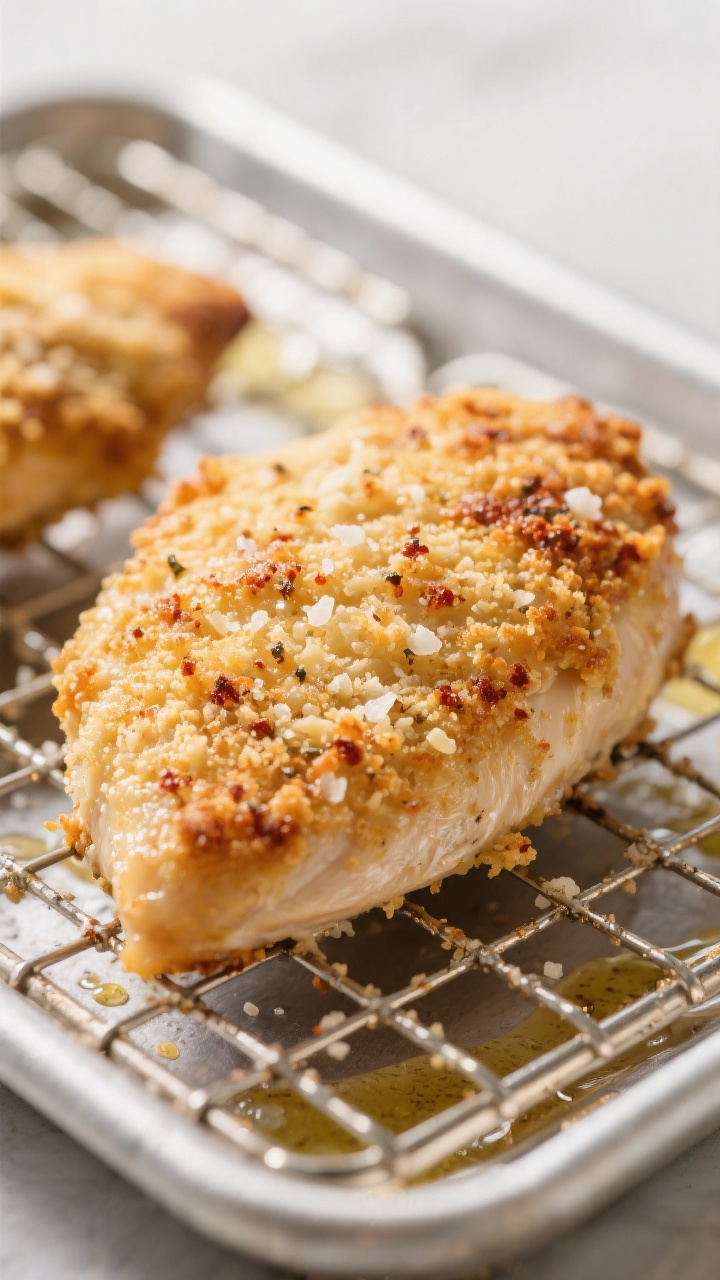 Close-up detail: Golden baked Parmesan chicken breast just out of the oven on a wire rack over a she
