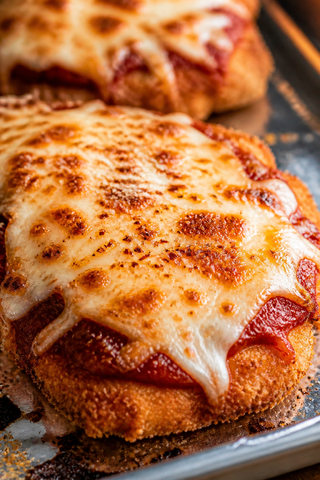 Close-up detail: Golden-brown breaded chicken cutlet fresh from the skillet, lacquered with a thin s