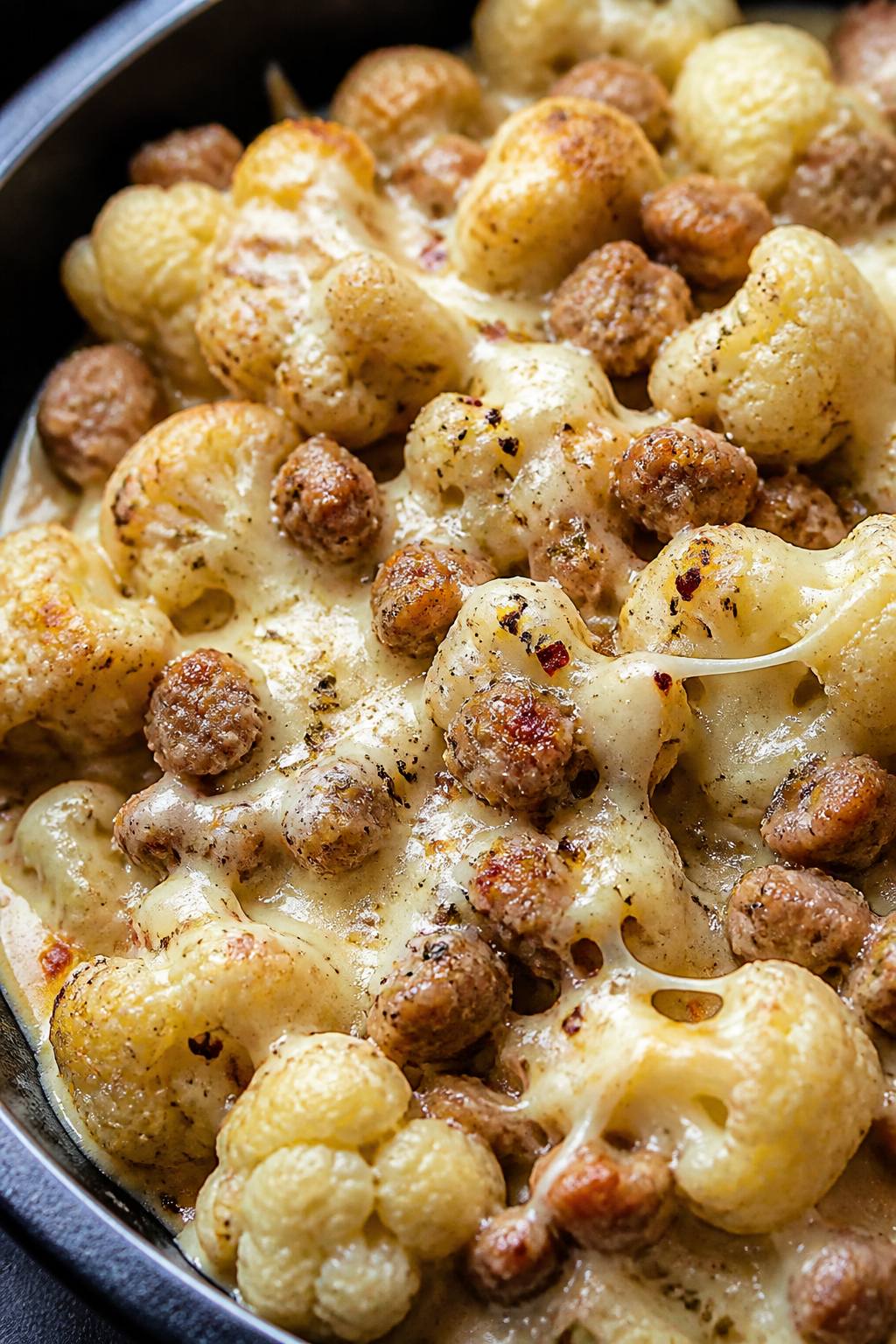 Close-up detail: Golden-browned Italian sausage crumbles nestled among just-tender sautéed cauliflo
