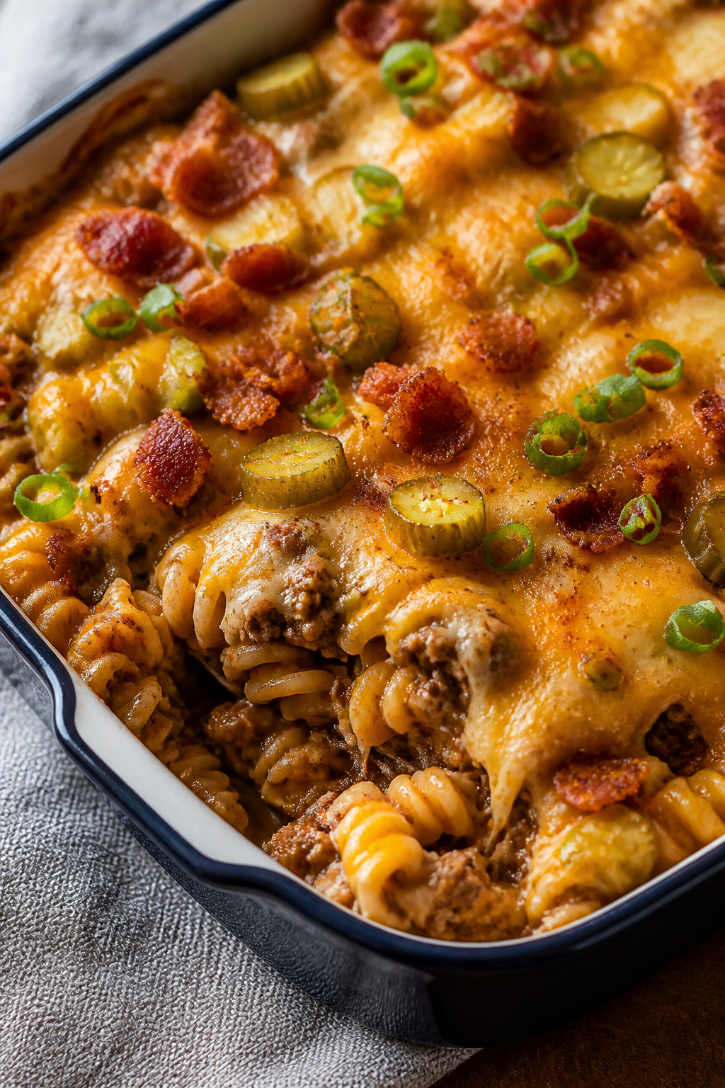 Close-up detail: Golden, bubbling BBQ Ranch Bacon Cheeseburger Casserole just out of the oven, chees