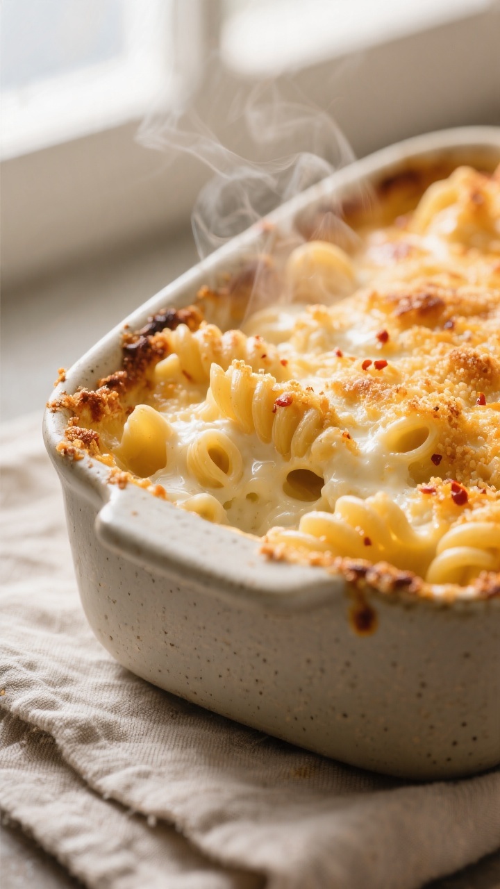 Close-up detail: Golden, bubbling cottage cheese mac and cheese just out of the oven, tight focus on
