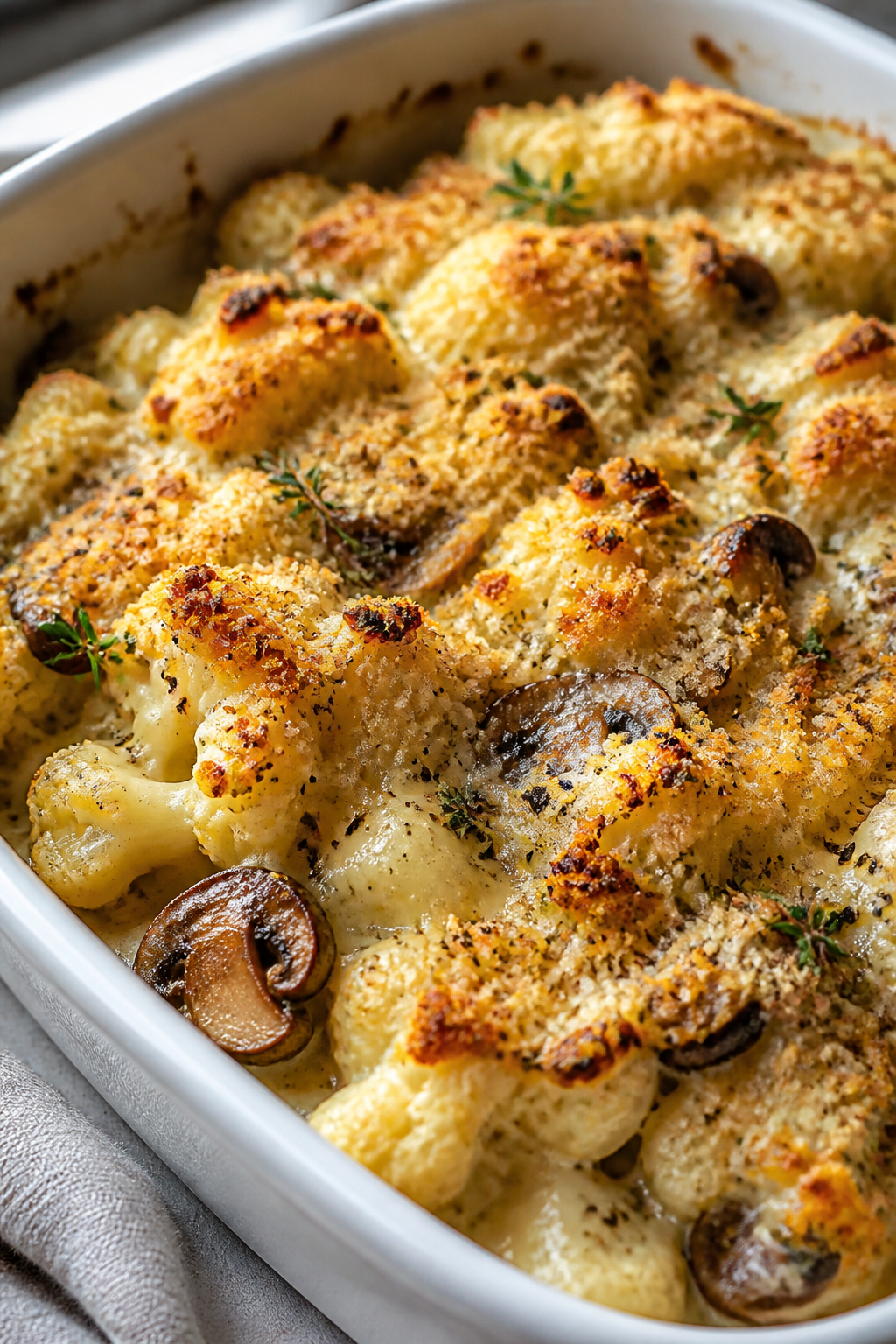 Close-up detail: Golden, bubbling Creamy Mushroom Cauliflower Bake just out of the oven, focusing on