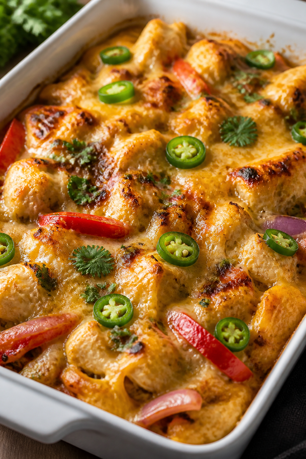 Close-up detail: Golden, bubbling Loaded Chicken Fajita Cauliflower Bake just out of the oven, chees