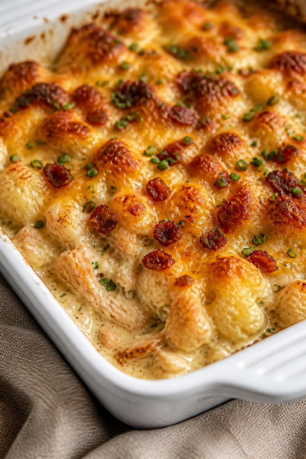 Close-up detail: Golden-bubbly Creamy Ranch Cauliflower Chicken Casserole just out of the oven, show