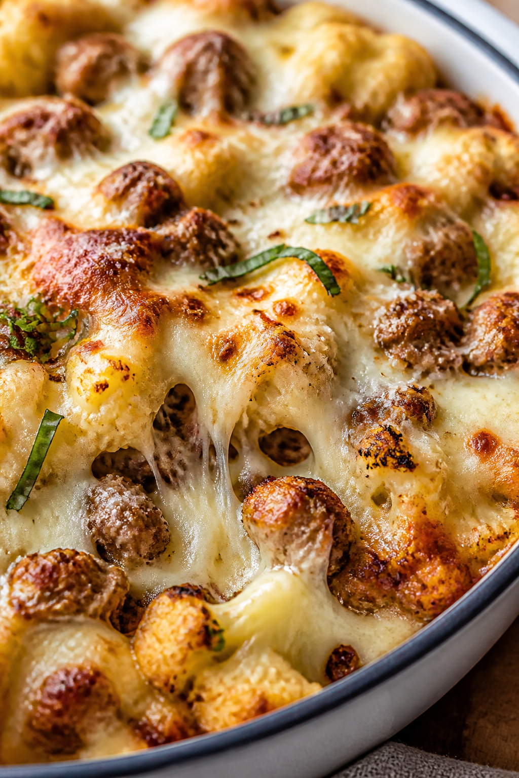 Close-up detail: Golden-bubbly Italian Sausage Cauliflower Bake just out of the oven, tight macro on