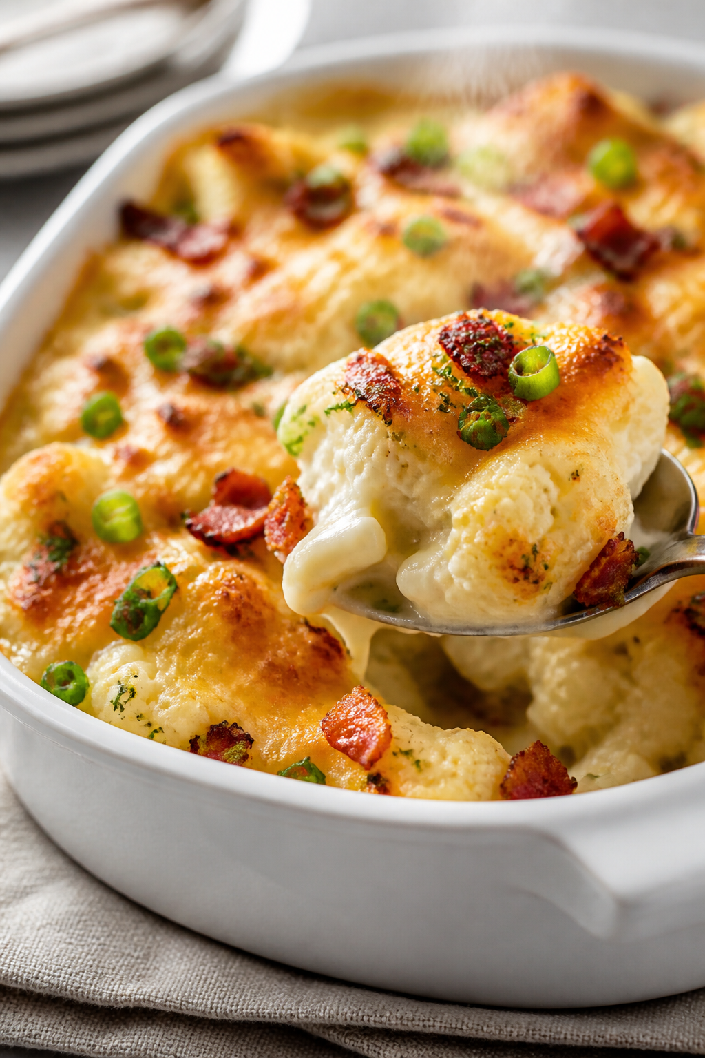 Close-up detail: Golden-bubbly Loaded Cauliflower Casserole just out of the oven, cheese fully melte