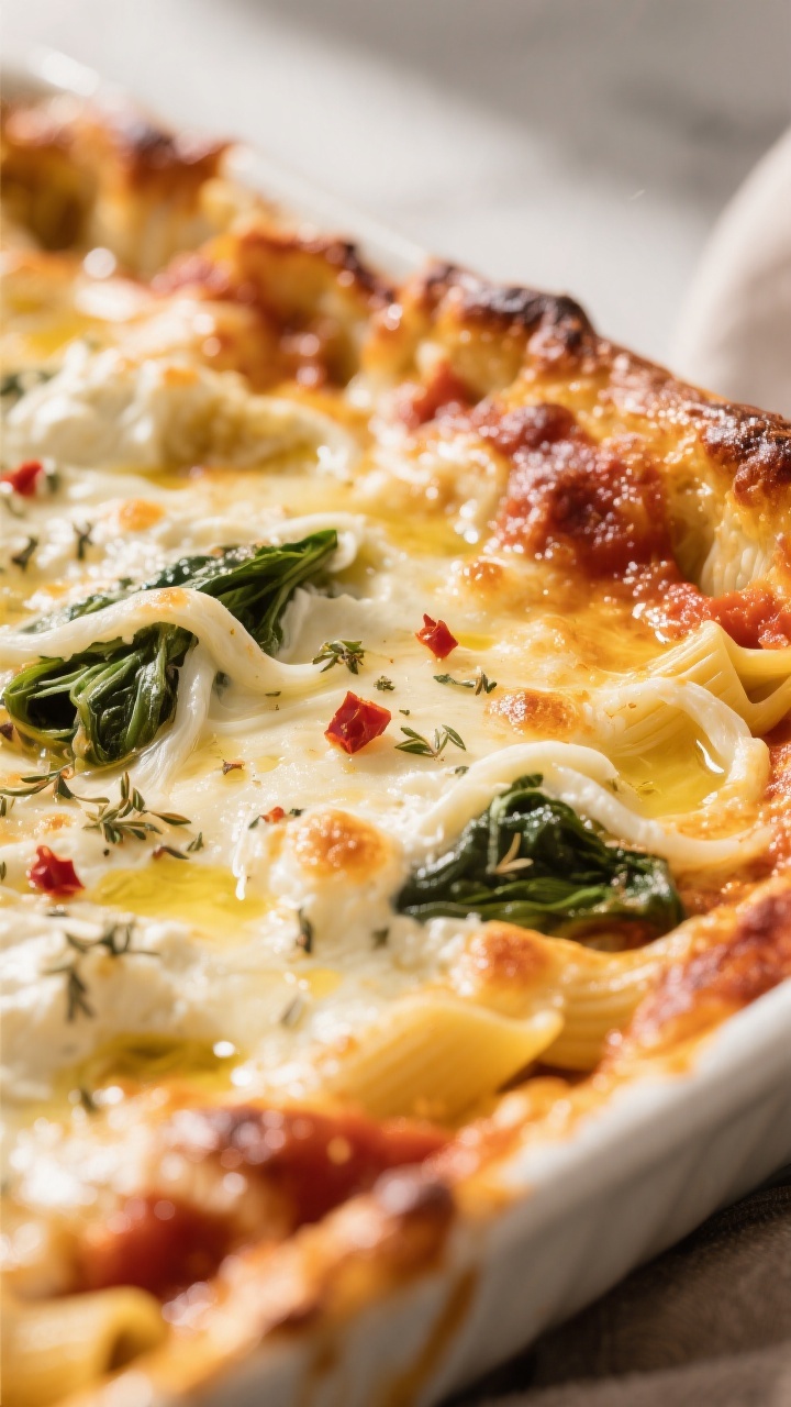 Close-up detail: Golden, bubbly top of a spinach ricotta pasta bake just out of the oven, mozzarella