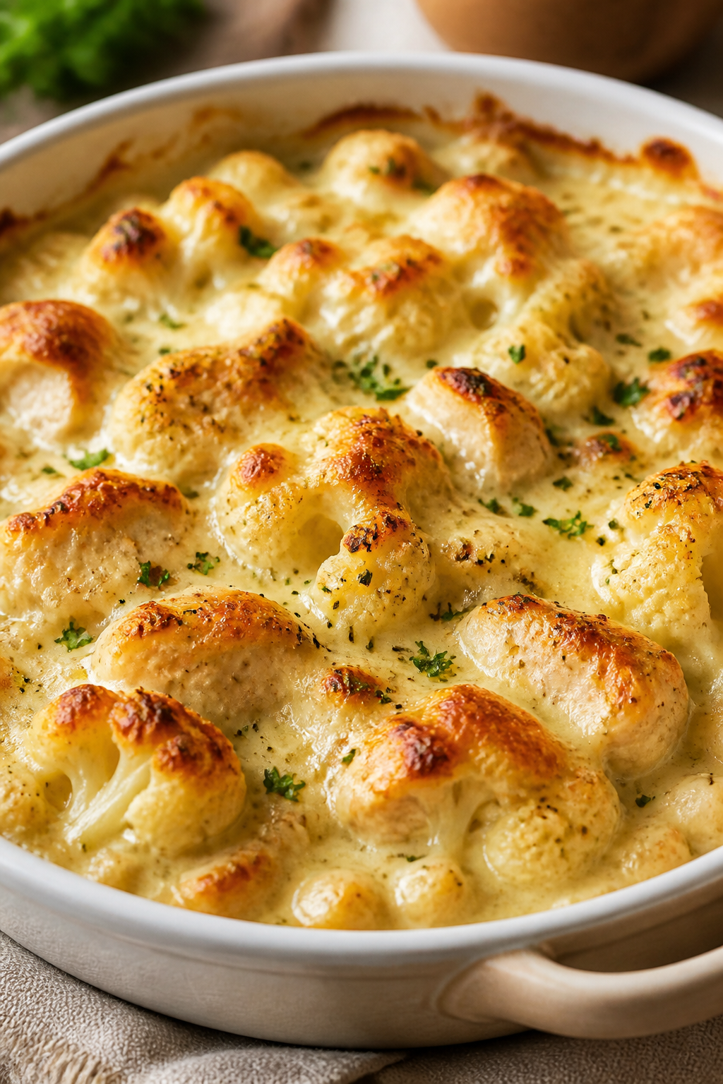 Close-up detail: Golden-bubbly top of Creamy Chicken and Cauliflower Alfredo Bake just out of the ov