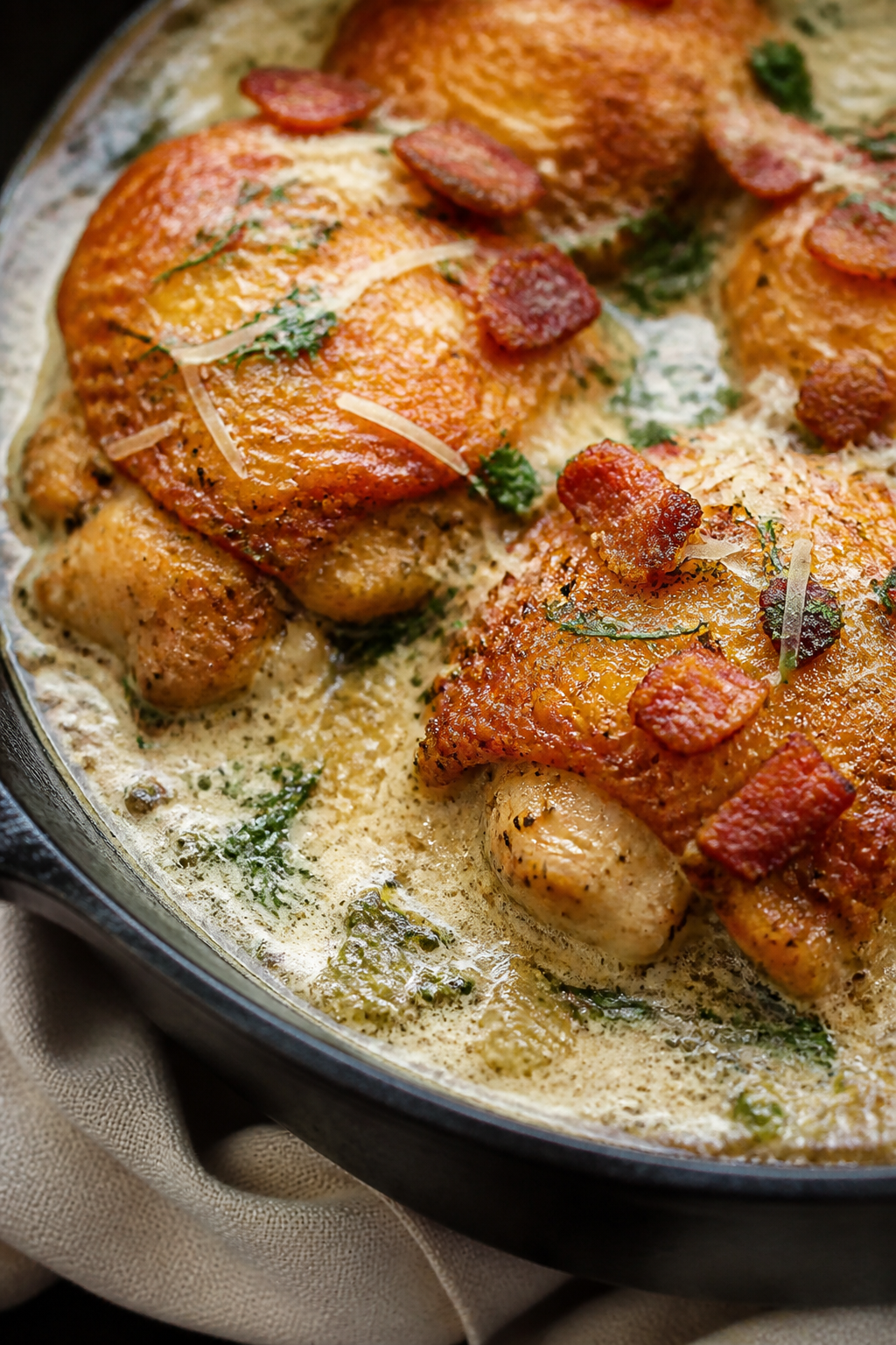 Close-up detail: Golden, crackling chicken thigh skin nestled above a silky ranch cream sauce in a s
