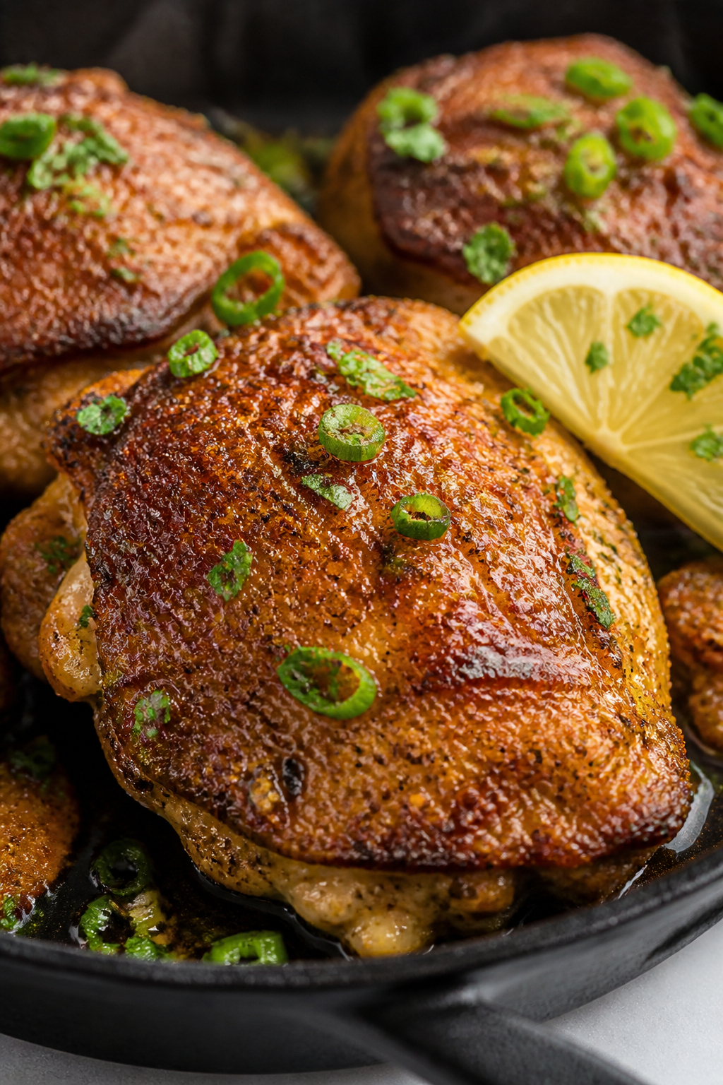 Close-up detail: Golden, crackly-skinned Cajun chicken thigh just out of the oven in a black cast-ir