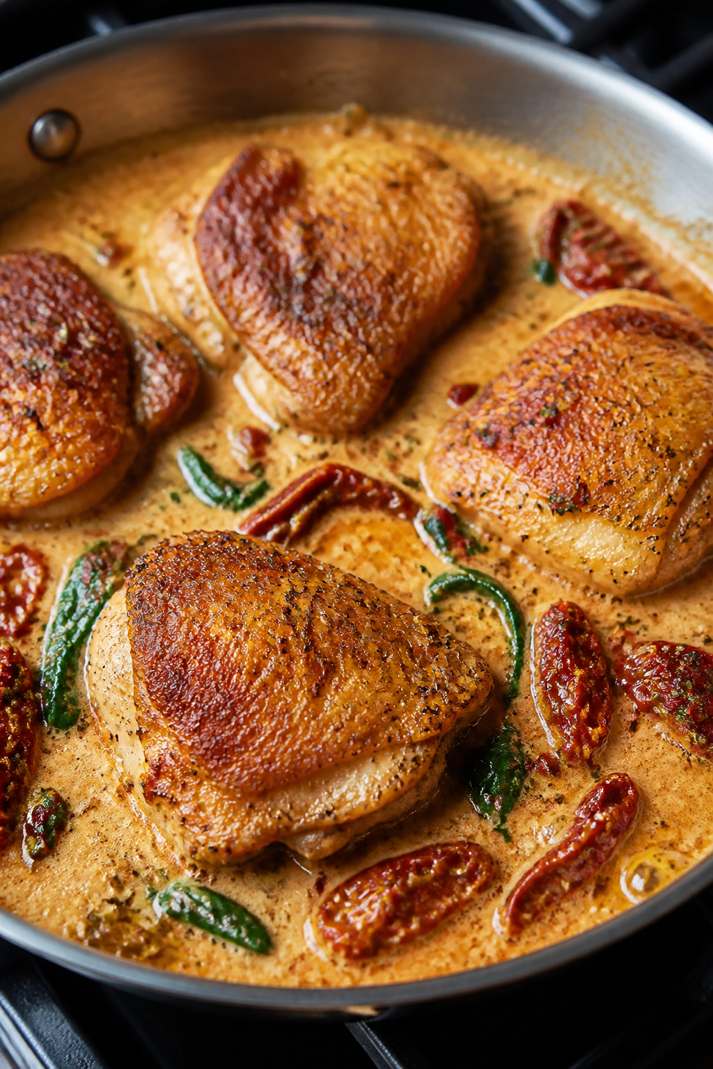 Close-up detail: Golden-crisp, skin-on chicken thighs just after searing, nestled back into a simmer