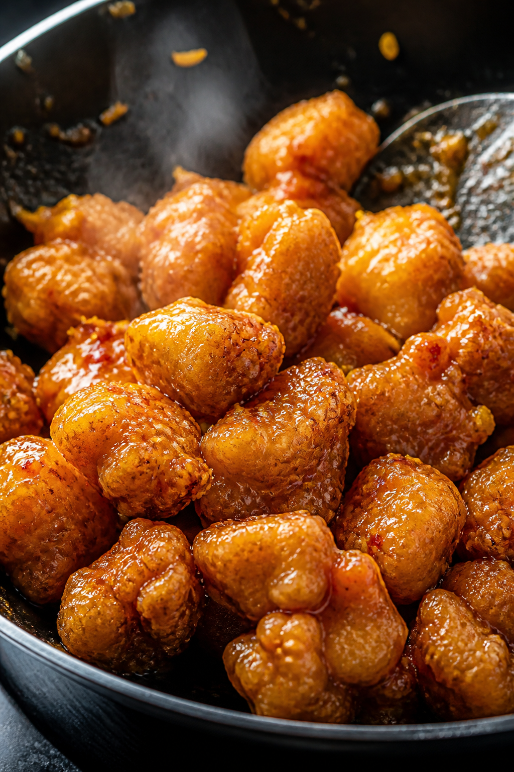 Close-up detail: Golden, crispy cornstarch-coated chicken bites just tossed in glossy orange sauce, 