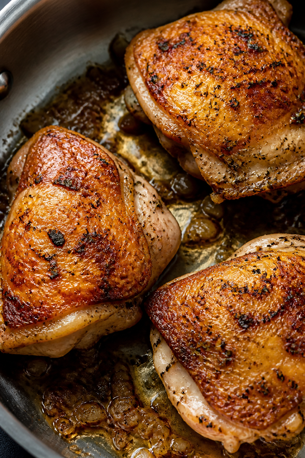 Close-up detail: Golden, crispy skin-on chicken thighs just after searing in a stainless-steel skill