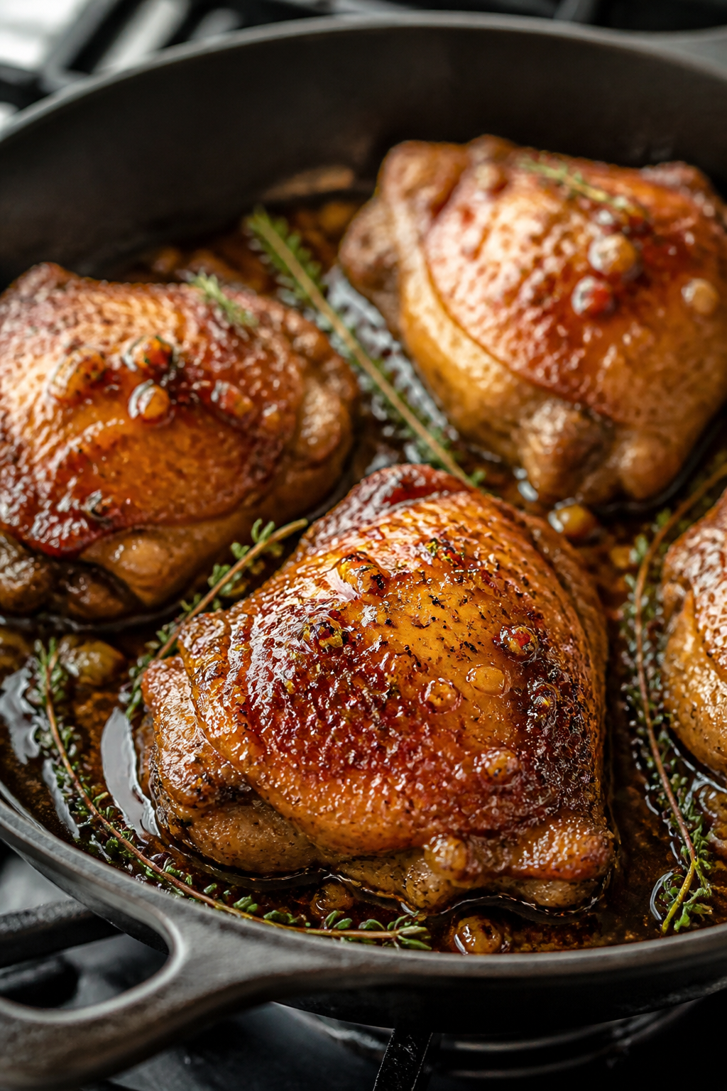 Close-up detail: Golden, crispy skin-on chicken thighs just out of the oven, skin deeply browned and