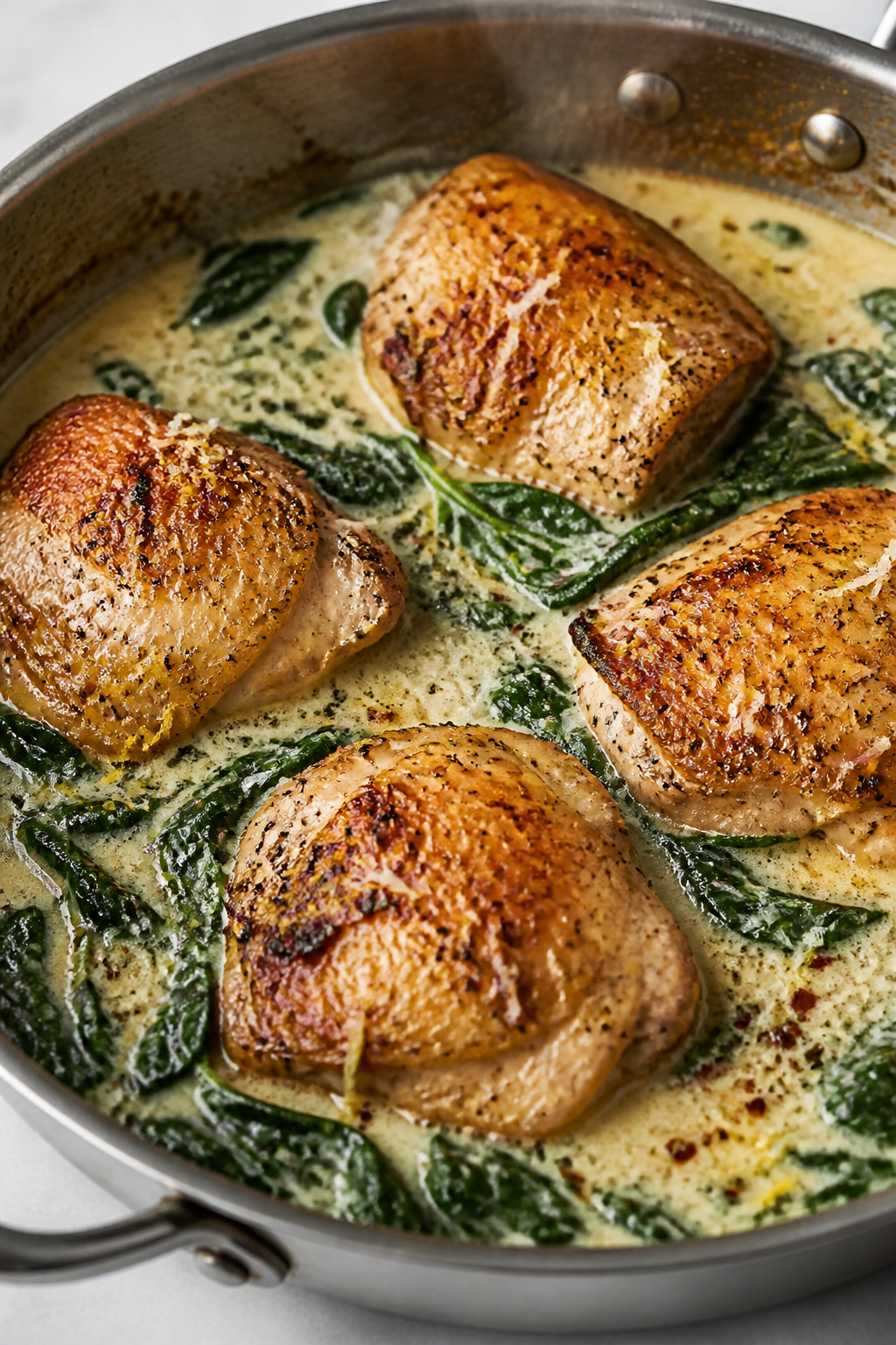 Close-up detail: Golden, crispy skin-on chicken thighs just after searing, nestled back into a silky