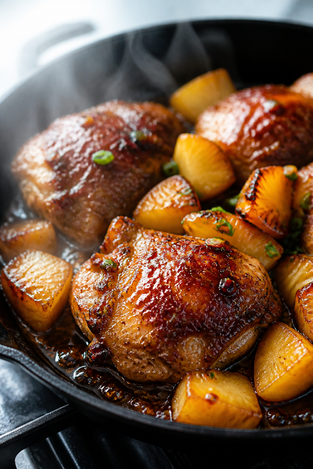Close-up detail: Golden, crispy-skinned chicken thighs nestled in a skillet, lacquered with a glossy
