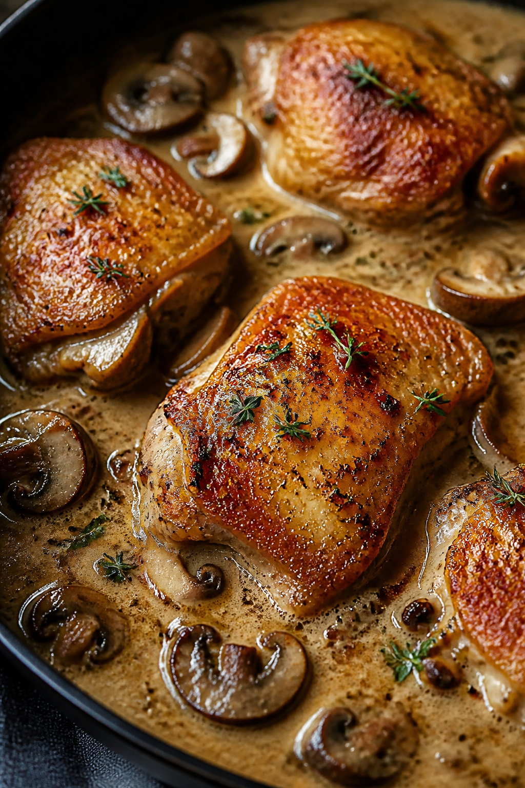 Close-up detail: Golden, crispy-skinned chicken thigh nestled in a simmering creamy mushroom sauce i