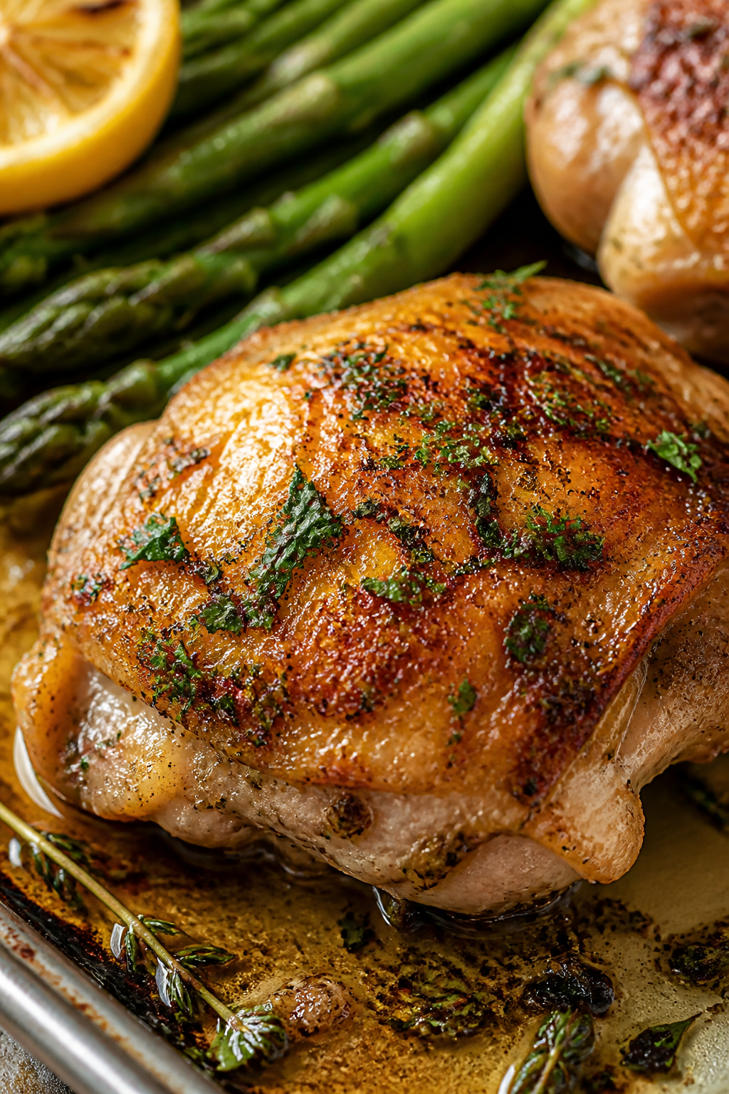 Close-up detail: Golden, crispy-skinned garlic herb chicken thigh just out of the oven, skin blister