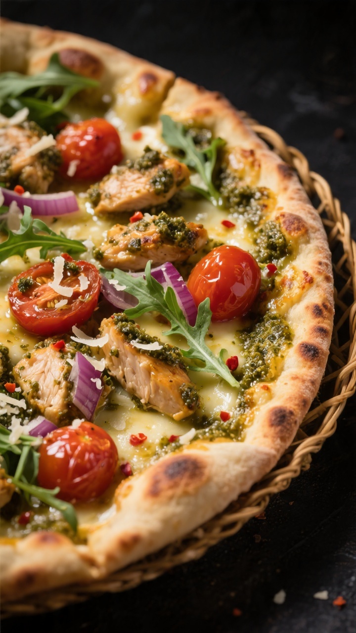 Close-up detail: Golden-edged air-fried chicken pesto flatbread just out of the basket at 375°F, ch