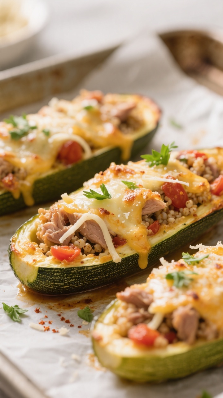 Close-up detail: Golden, freshly baked stuffed zucchini boats just out of the oven, cheese lightly b