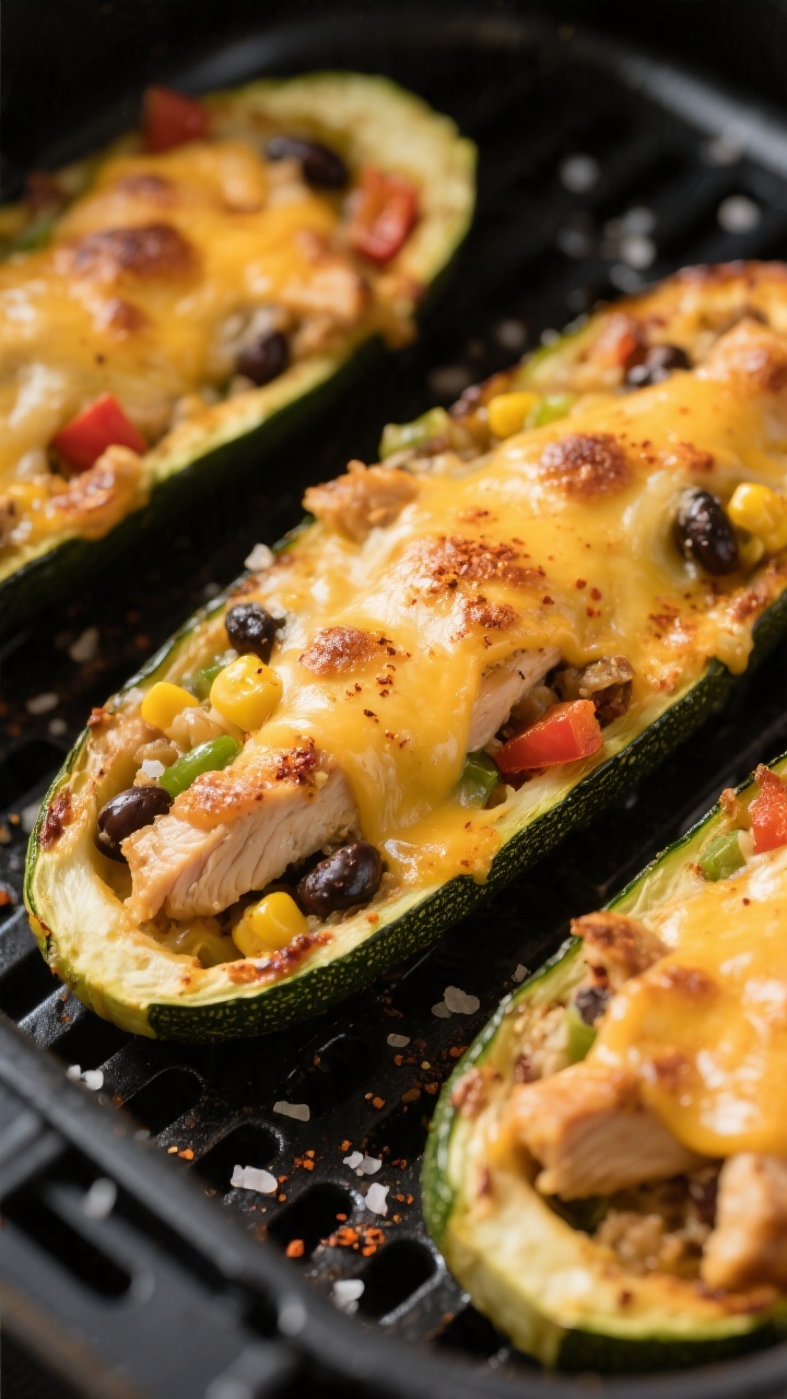 Close-up detail: Golden, melty air-fried chicken zucchini boats just out of the basket at 375°F, ch