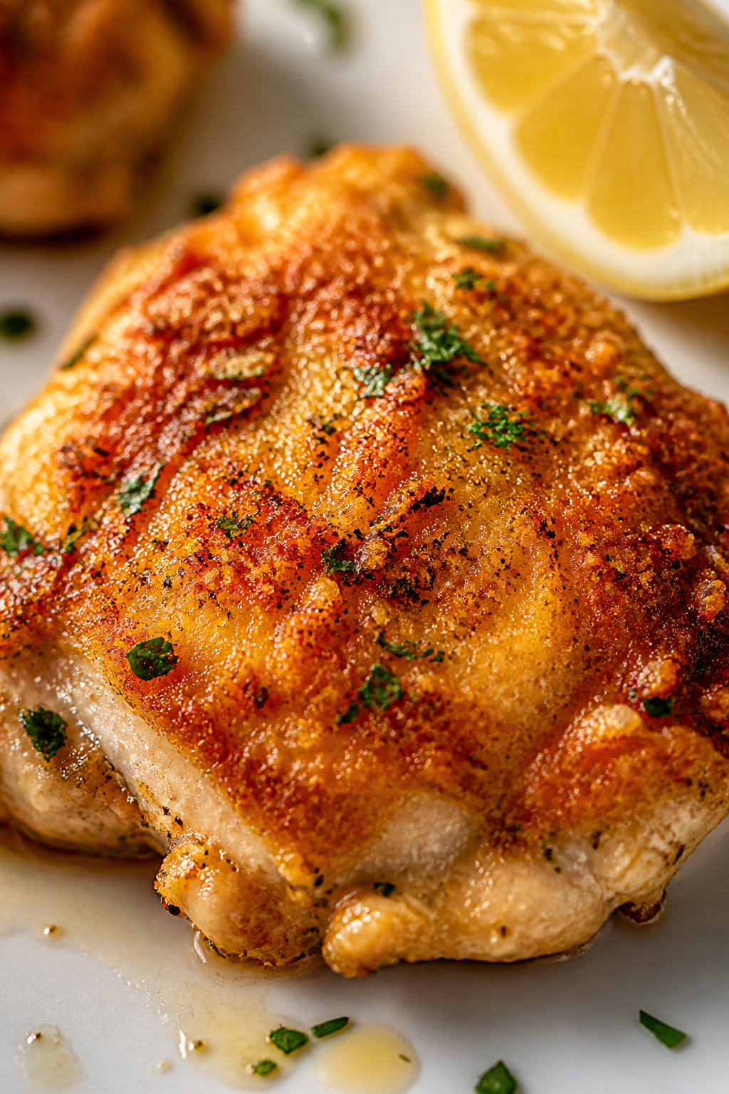 Close-up detail: Golden, Parmesan-crusted chicken thigh fresh from the oven, skin-side up with a sha