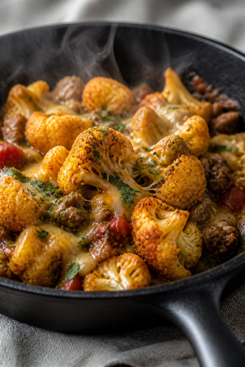 Close-up detail: Golden roasted cauliflower florets folded into a saucy taco mixture in a skillet—
