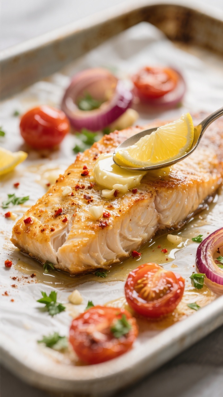 Close-up detail: Golden-roasted tilapia fillet just out of the oven, flakes separating gently under