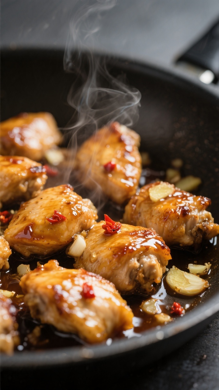 Close-up detail: Golden seared chicken bites in a skillet, lacquered with glossy honey-garlic-soy sa