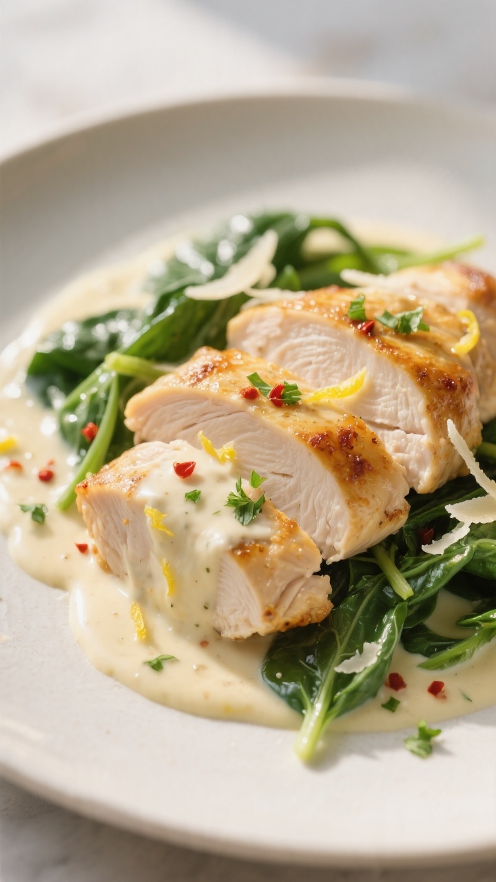 Close-up detail: Golden-seared chicken breasts sliced and nestled in a silky garlic-Dijon yogurt sau