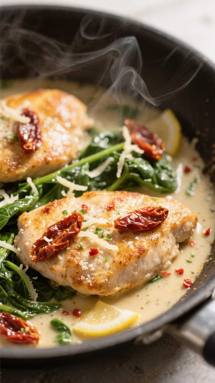 Close-up detail: Golden-seared chicken cutlets nestled in a silky lightened Tuscan sauce in a skille
