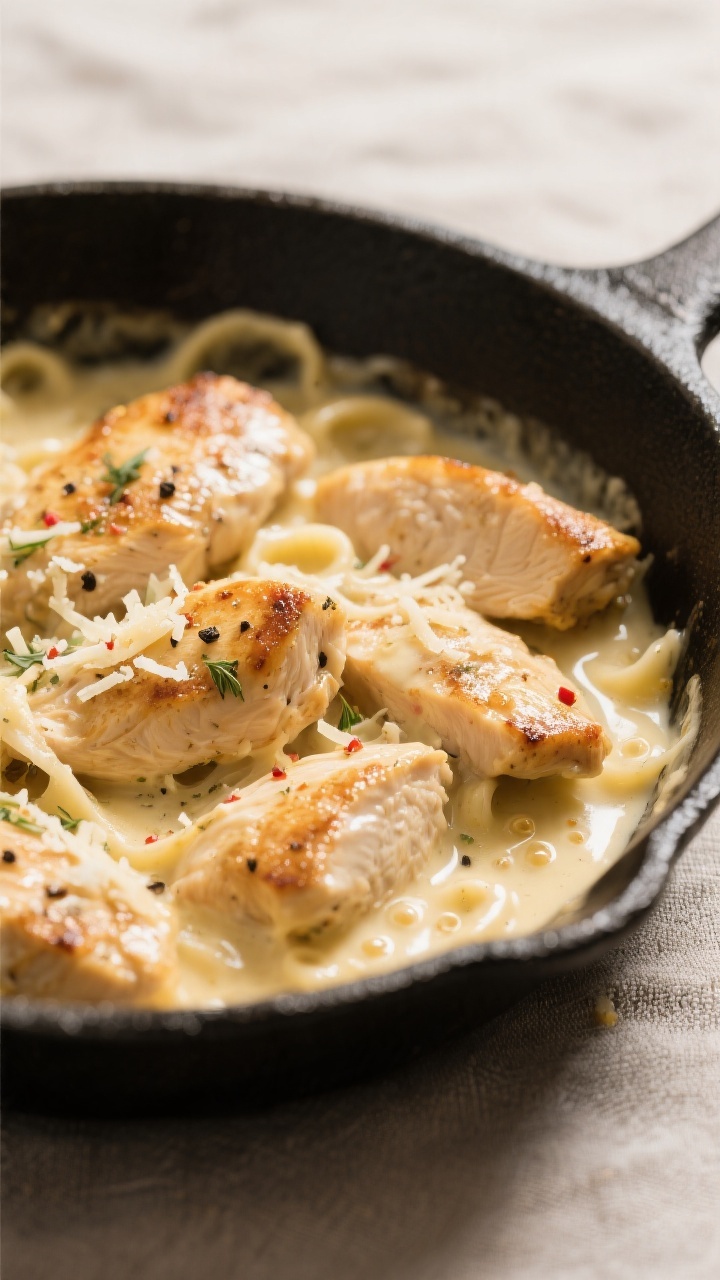 Close-up detail: Golden seared chicken pieces tossed in silky Alfredo sauce in a skillet, sauce clin