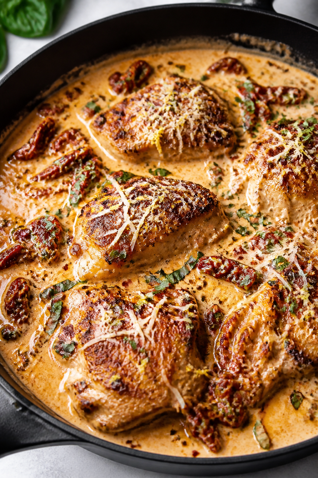 Close-up detail: Golden-seared chicken thighs nestled in a simmering creamy sun-dried tomato sauce i