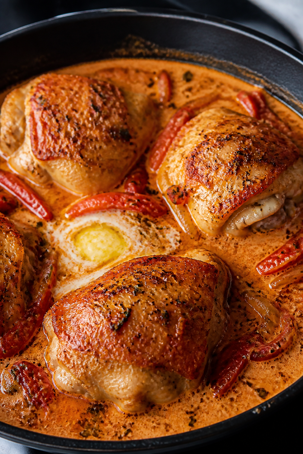Close-up detail: Golden-seared chicken thighs nestled in a simmering creamy tomato sauce in a black 