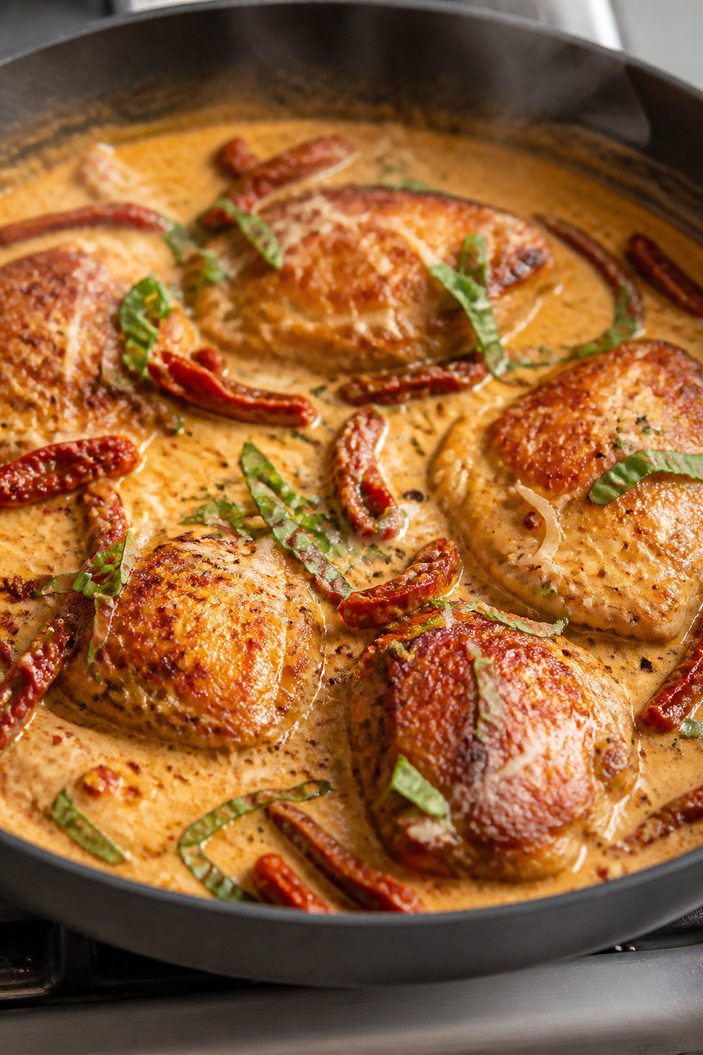 Close-up detail: Golden-seared chicken thighs nestled in a silky sun-dried tomato cream sauce mid-si