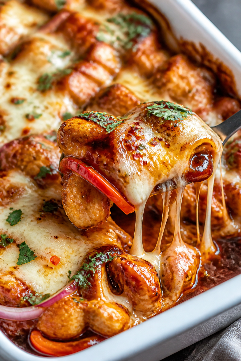 Close-up detail: Gooey BBQ Chicken Mozzarella Bake just out of the oven, cheese melted and bubbly wi