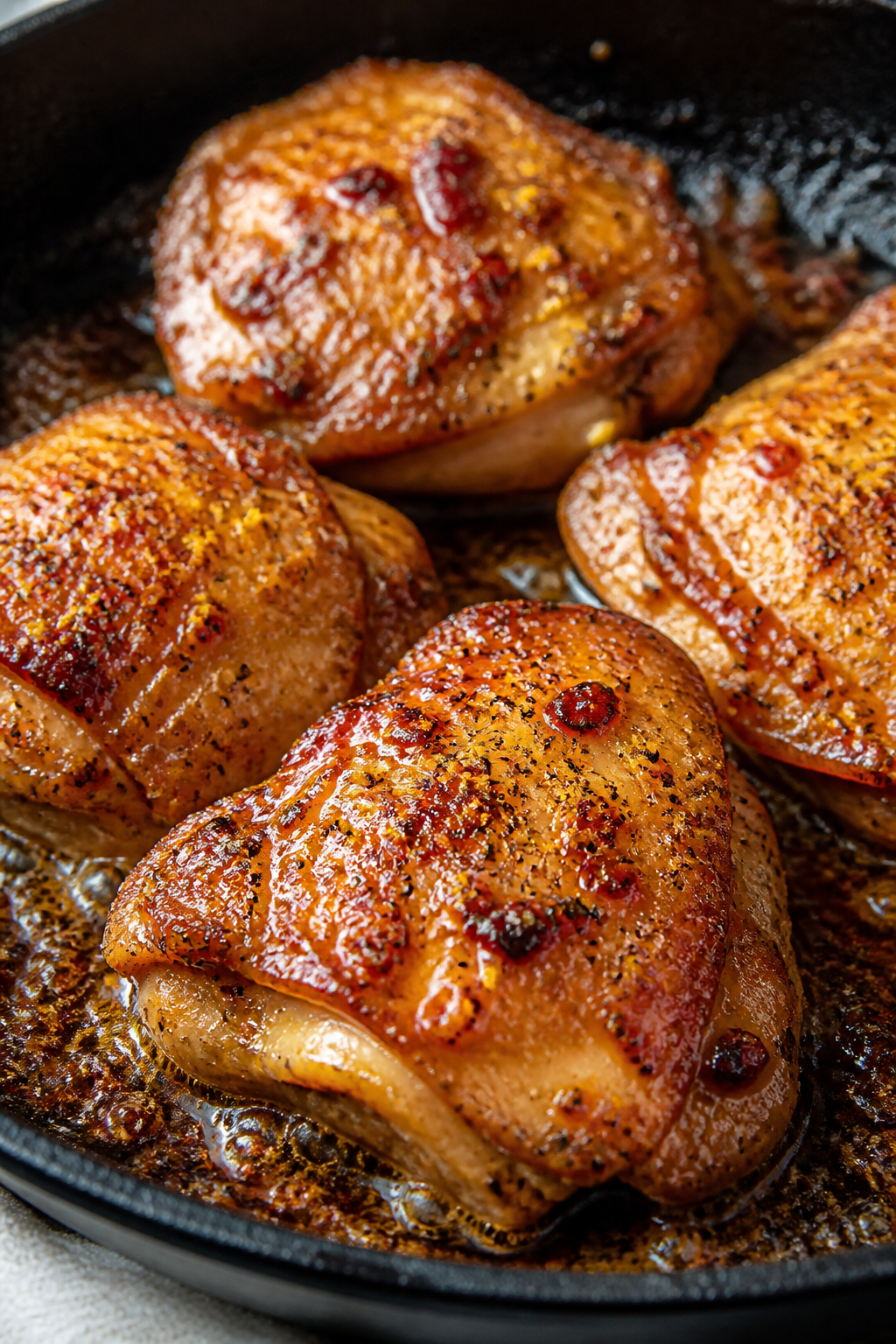 Close-up detail: Honey-garlic glazed chicken thighs finishing in the skillet, skin-side up, sauce re