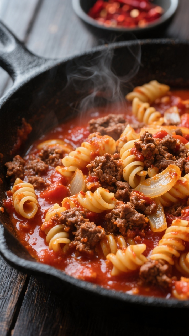 Close-up detail: In-skillet one-pan ground beef pasta mid-simmer, short pasta (rotini and shells) ne