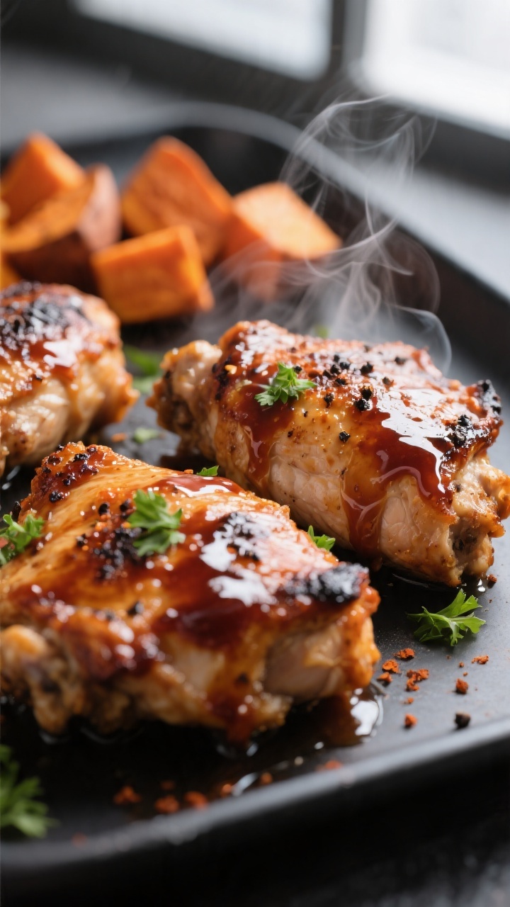 Close-up detail: Juicy air-fried BBQ chicken thighs just after glazing, with a sticky, glossy sweet-