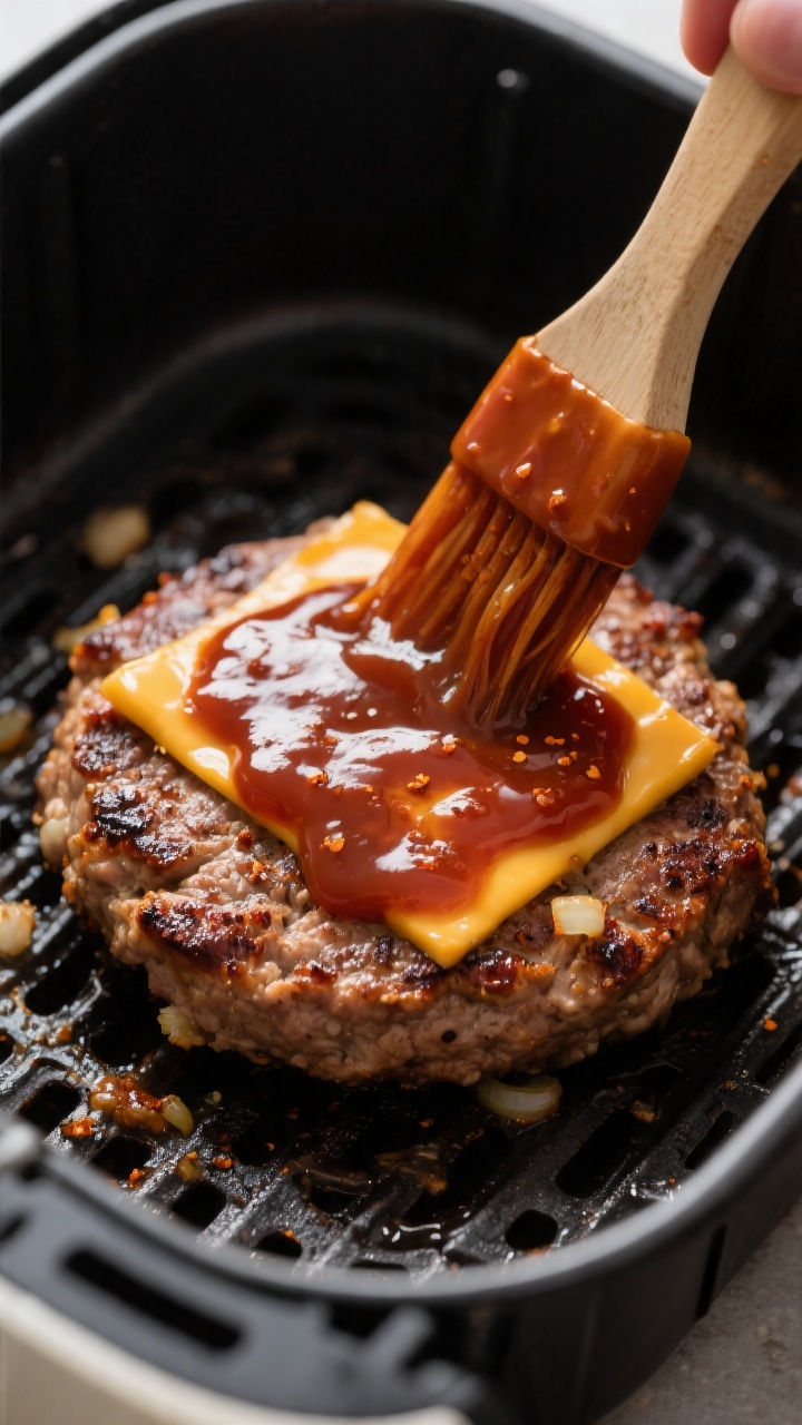Close-up detail: Juicy air-fried BBQ turkey burger patty just flipped in the air fryer basket, edges