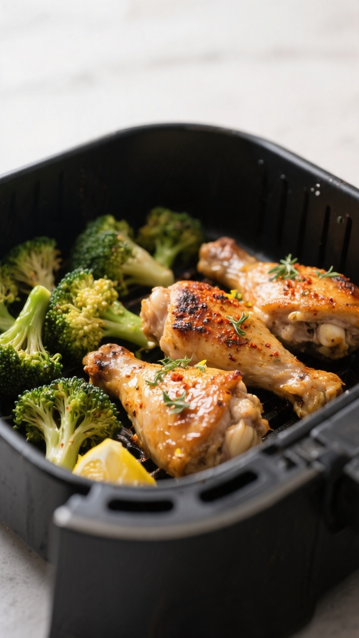 Close-up detail: Juicy air-fried chicken thigh pieces with golden, caramelized edges nestled beside 