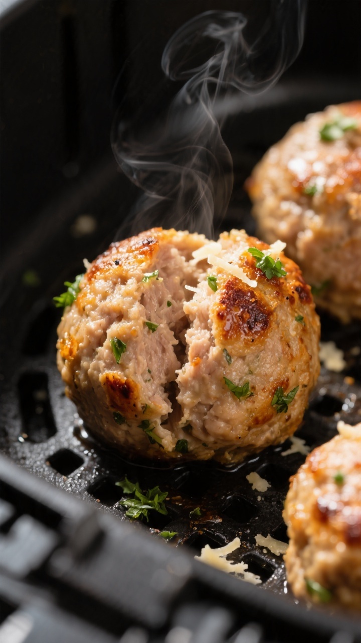 Close-up detail: Juicy air-fried turkey meatballs just out of the basket at 380°F, golden-browned e