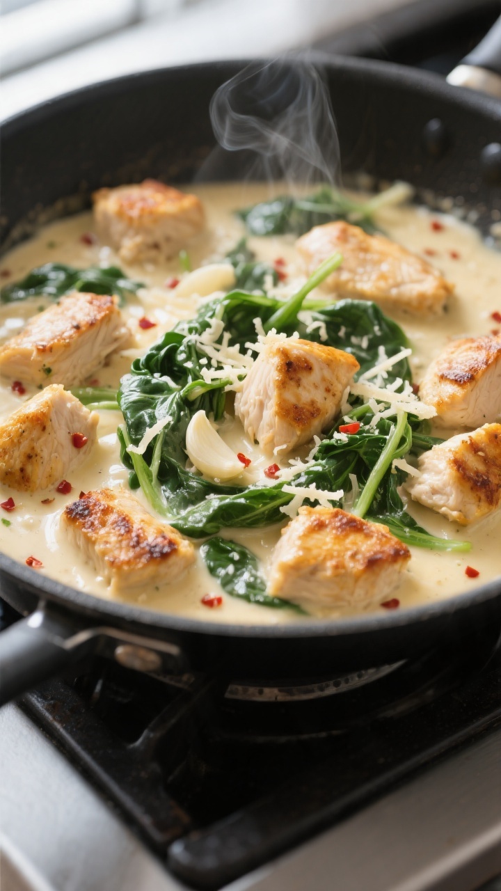Close-up detail: Juicy golden-browned chicken bites tossed in silky, lightened Alfredo sauce in a sk