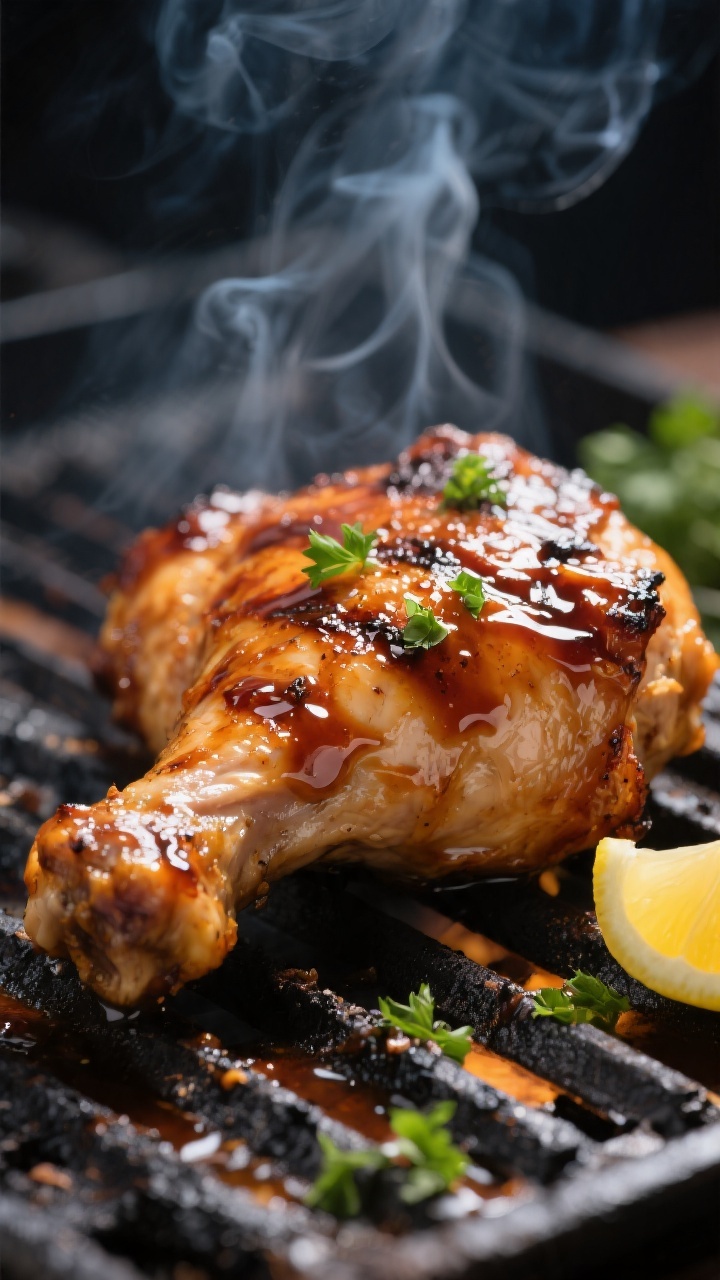 Close-up detail: Juicy grilled BBQ chicken thigh with lacquered, sticky-sweet glaze set over charred