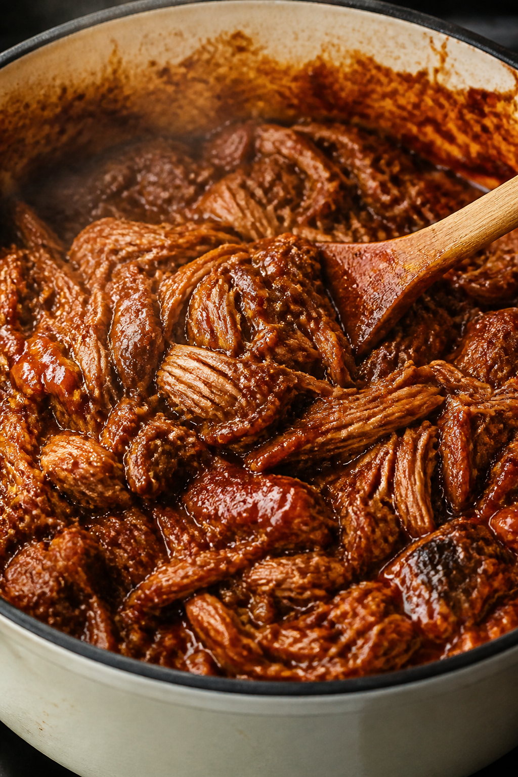 Close-up detail: Juicy, shredded BBQ pulled pork glistening in a Dutch oven after simmering, strands
