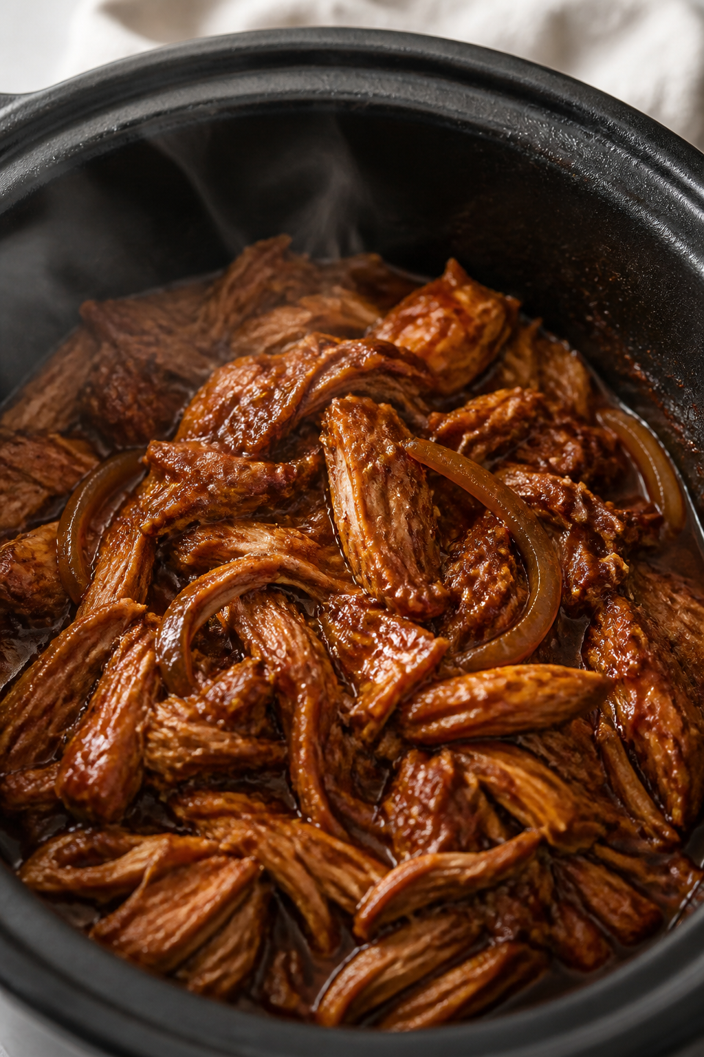 Close-up detail: Juicy shredded root beer BBQ chicken glistening in a glossy, thickened sauce inside