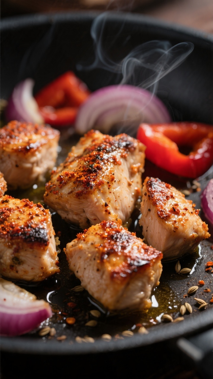 Close-up detail: Juicy, spice-rubbed chicken bites just browned in a skillet, edges lightly charred,