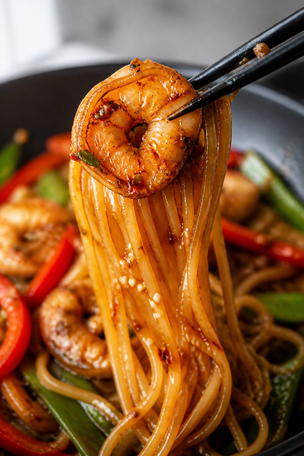 Close-up detail: Macro close-up of saucy noodles being lifted, showcasing glossy sauce clinging to s