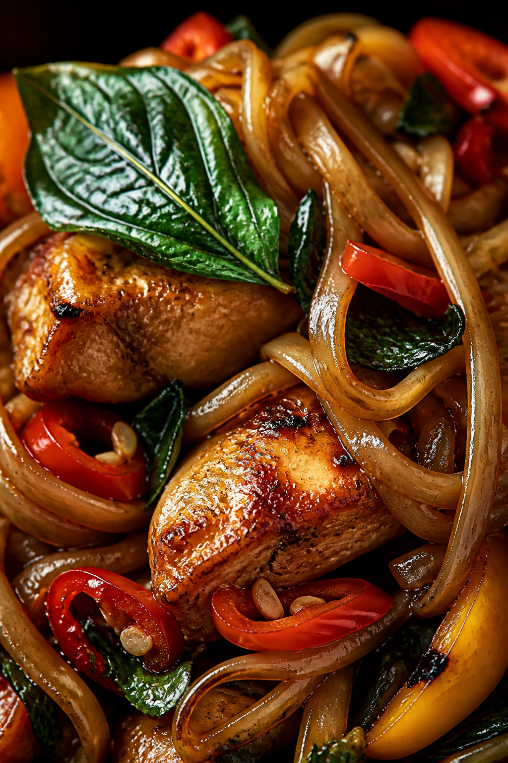 Close-up detail: Macro shot of saucy noodles wrapped around juicy browned chicken with wilted glossy